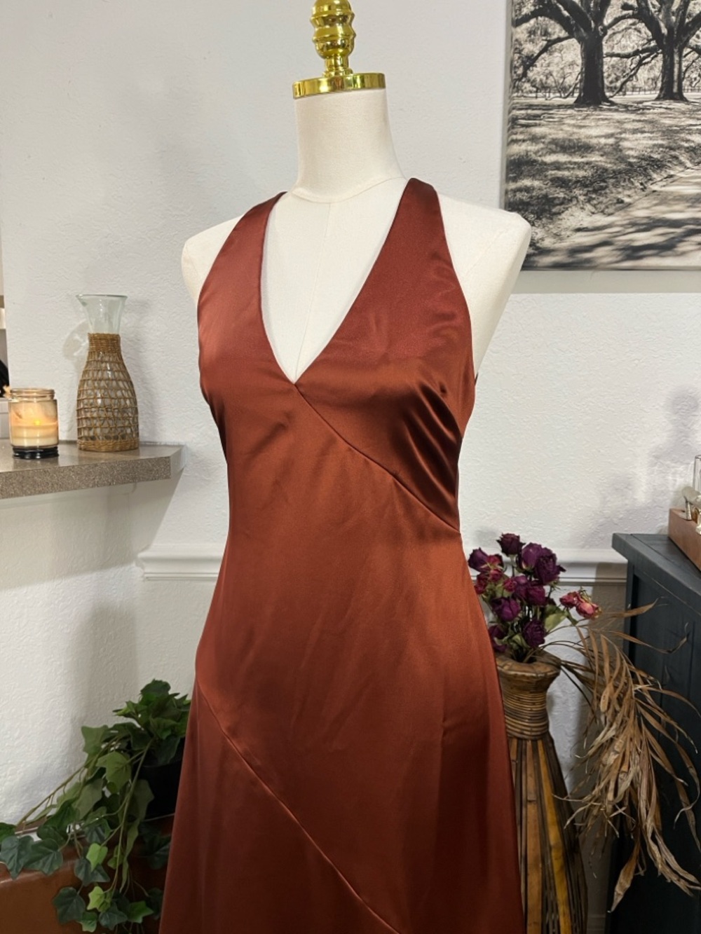 Lulu’s Satin V-Neck Slip Gown in Copper Brown NWT Medium - Picture 4 of 16